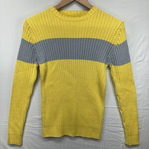 KENVELO Striped Ribbed Knit Crew Neck Sweater Yellow Grey Women L